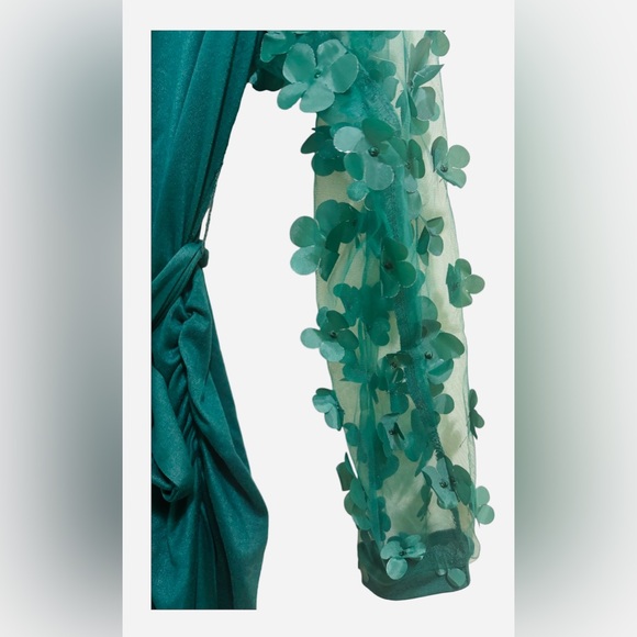 Emerald Green Long Maternity Dress with Sheer Sleeves & Flower Appliqués, Size L - Picture 3 of 5